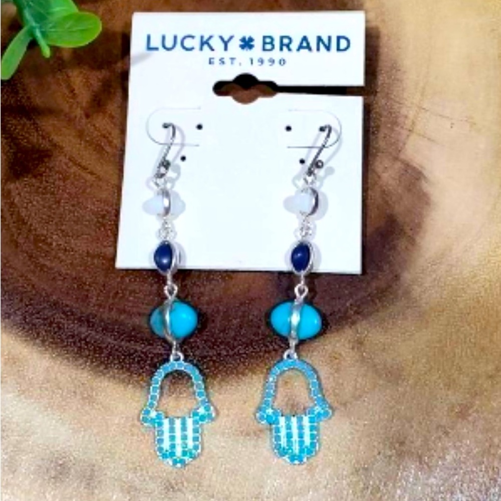 Lucky brand blue beaded dangle hamsa earrings
